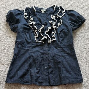 Odille Anthropologie Black Button-Front Ruffle V-Neck Blouse with Cream Trim